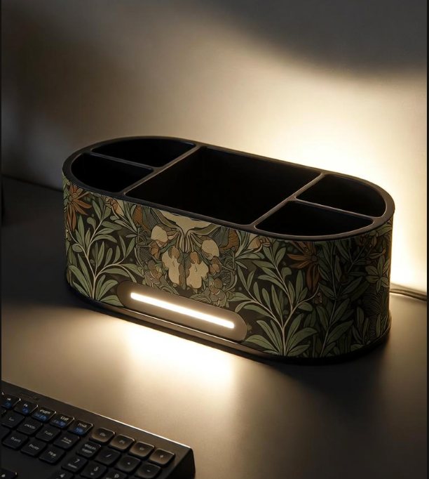 An oval desk organiser wrapped in a dark botanical fabric, with a warm LED light bar glowing softly onto the desk around it.